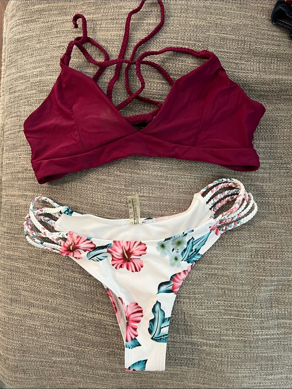 Zaful Burgundy Bralette Top with White Floral High-Cut Bottom
